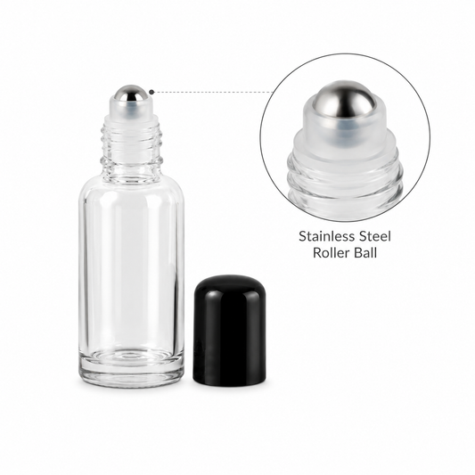 Glass Roll-On Bottle - 1 oz (30 ml) - Black Cap - 72 pieces